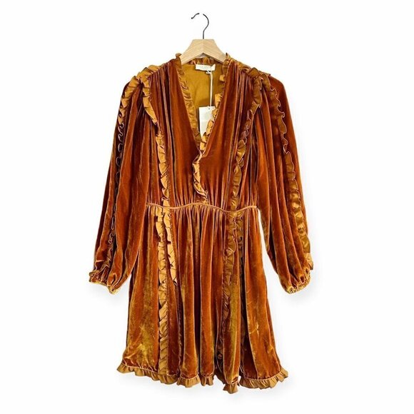 Ulla Johnson Erika Dress, in Sandstone,‎  Velvet Ruffle Trim,  Size 0, NWT - Picture 3 of 16